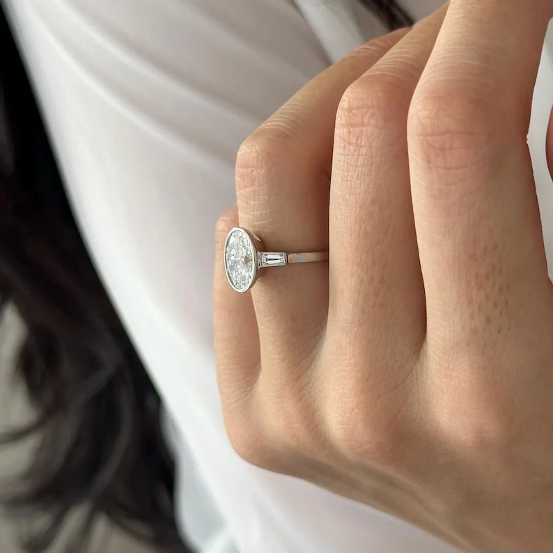 2 CT Oval Bezel and Three Stone Lab Grown Diamond Engagement Ring preview angle 4