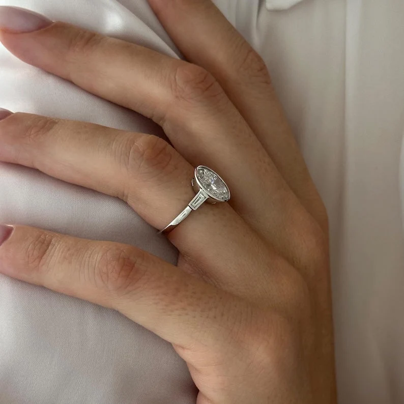 2 CT Oval Bezel and Three Stone Lab Grown Diamond Engagement Ring preview angle 6
